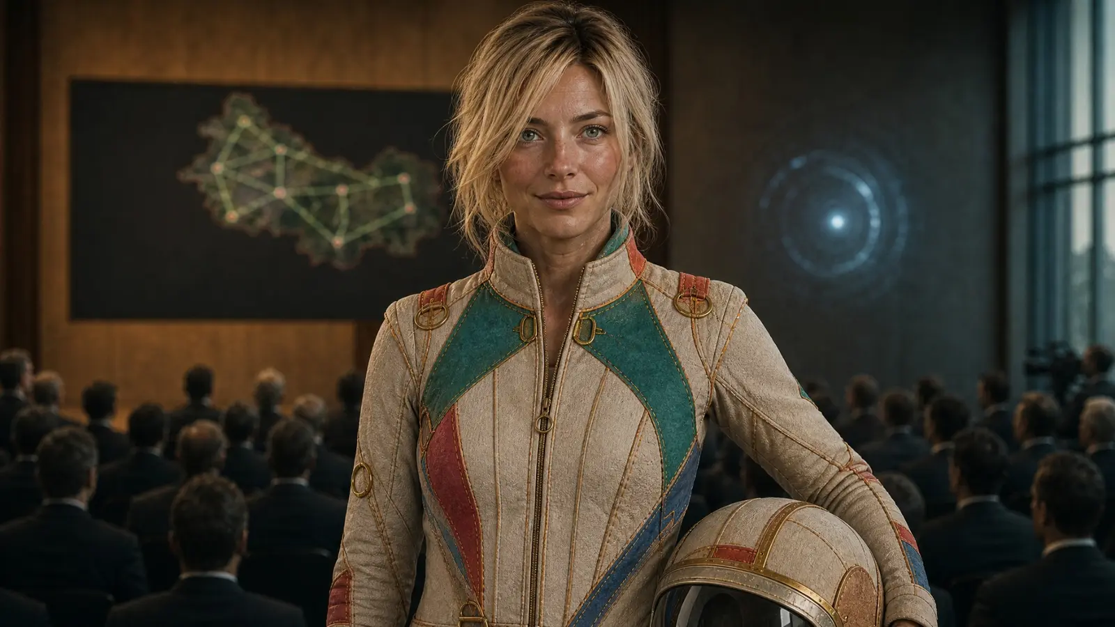 ARIANE, la facilitatrice blonde d’Horizon Lab 2040, tient son casque devant l’assemblée.